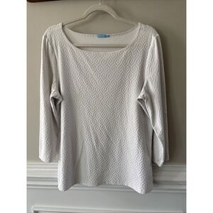 J. McLaughlin XL White Textured 3/4‎ Sleeve Boat Neck Top Blouse